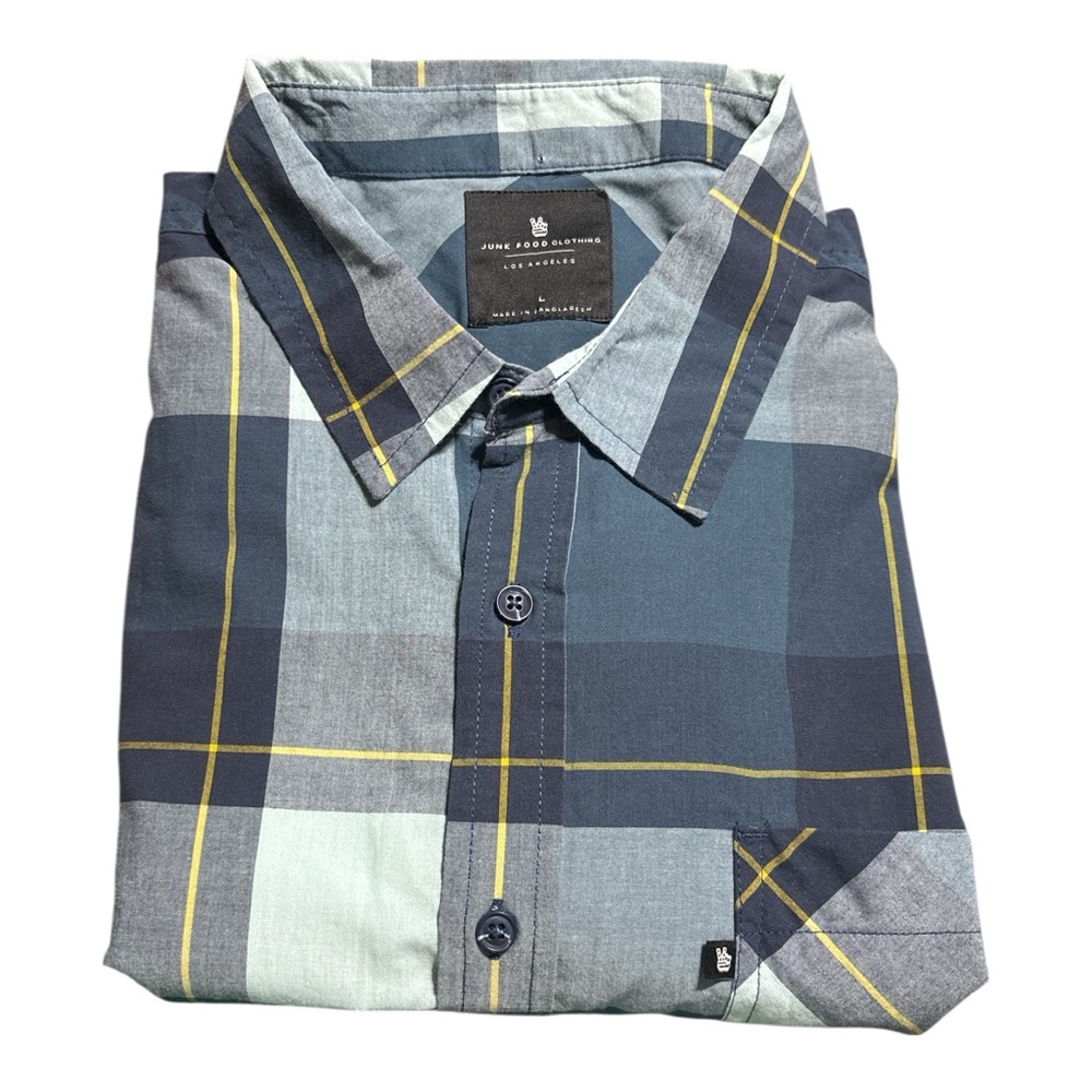 Junk Food Men's Blue Long-Sleeve Plaid Pocket Casual Shirt Size L
